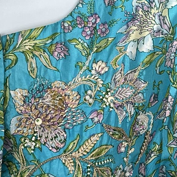 Leaves Of Grass Maxi Dress Sz 38 Medium Silk Hand Embroidered Ruffled Pockets - Picture 10 of 13